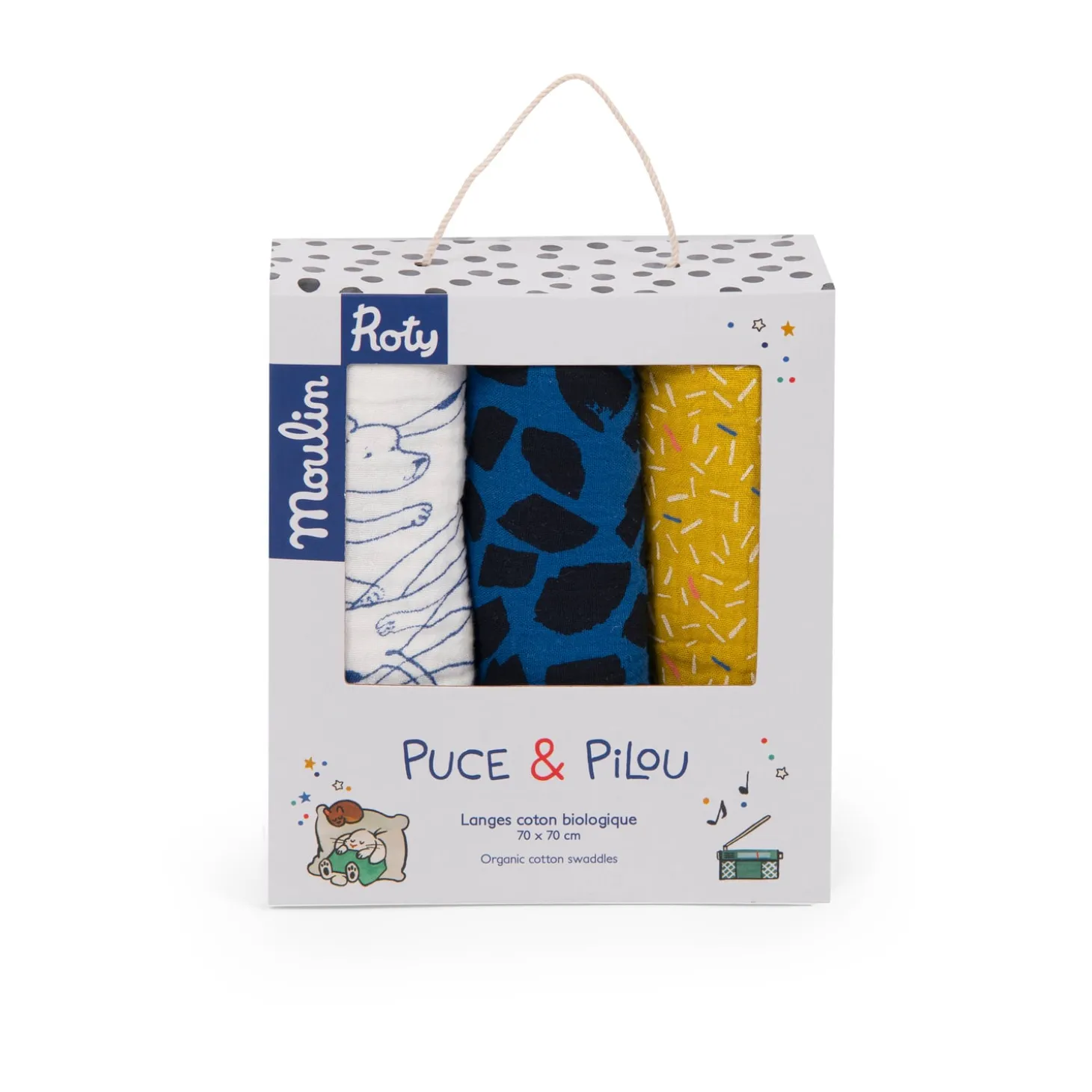 Moulin Roty Set de 3 langes imprimés chiens Puce & Pilou Multicolore