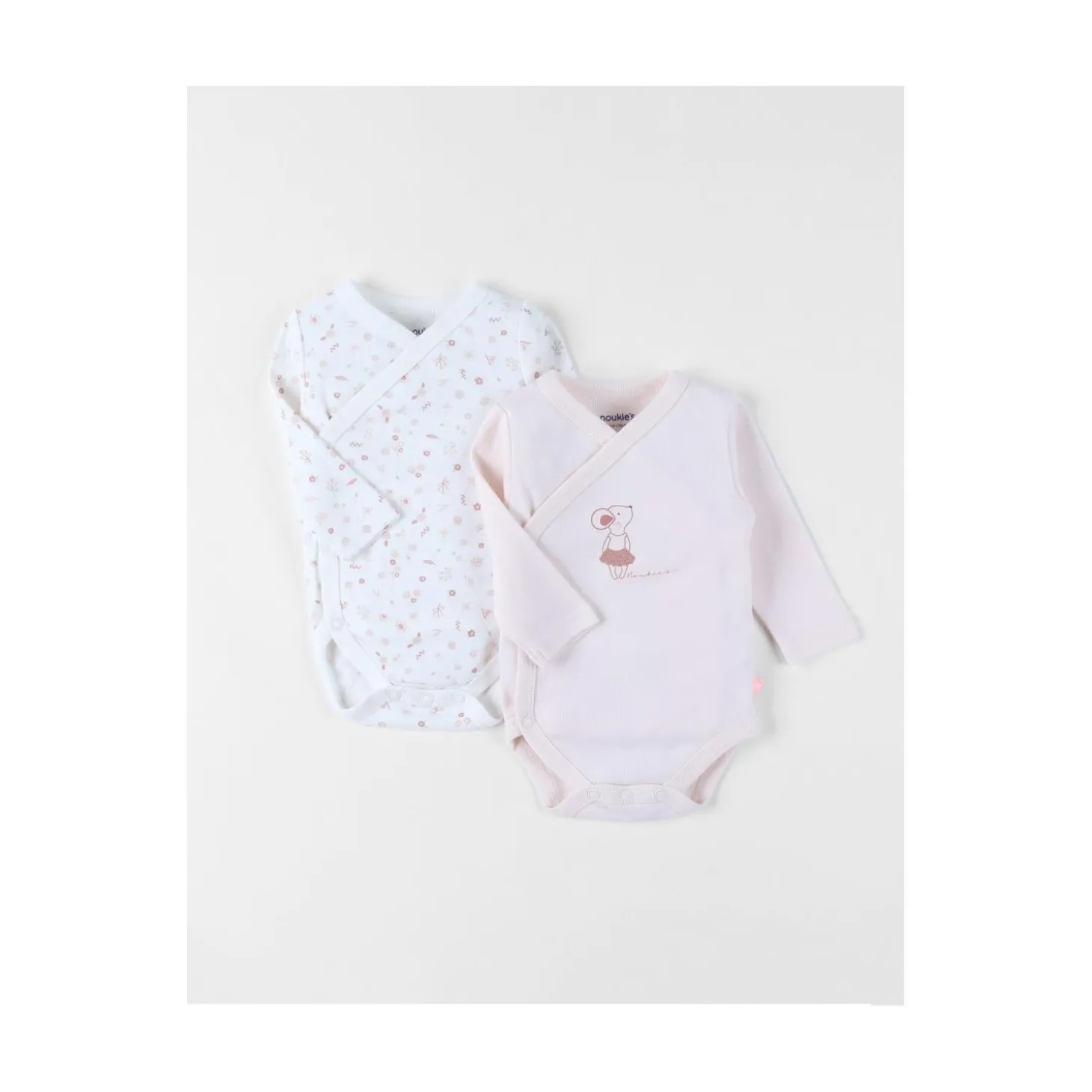 Noukie's Set de 2 bodys croisés manches longues Pinky mouse Blanc 1 mois