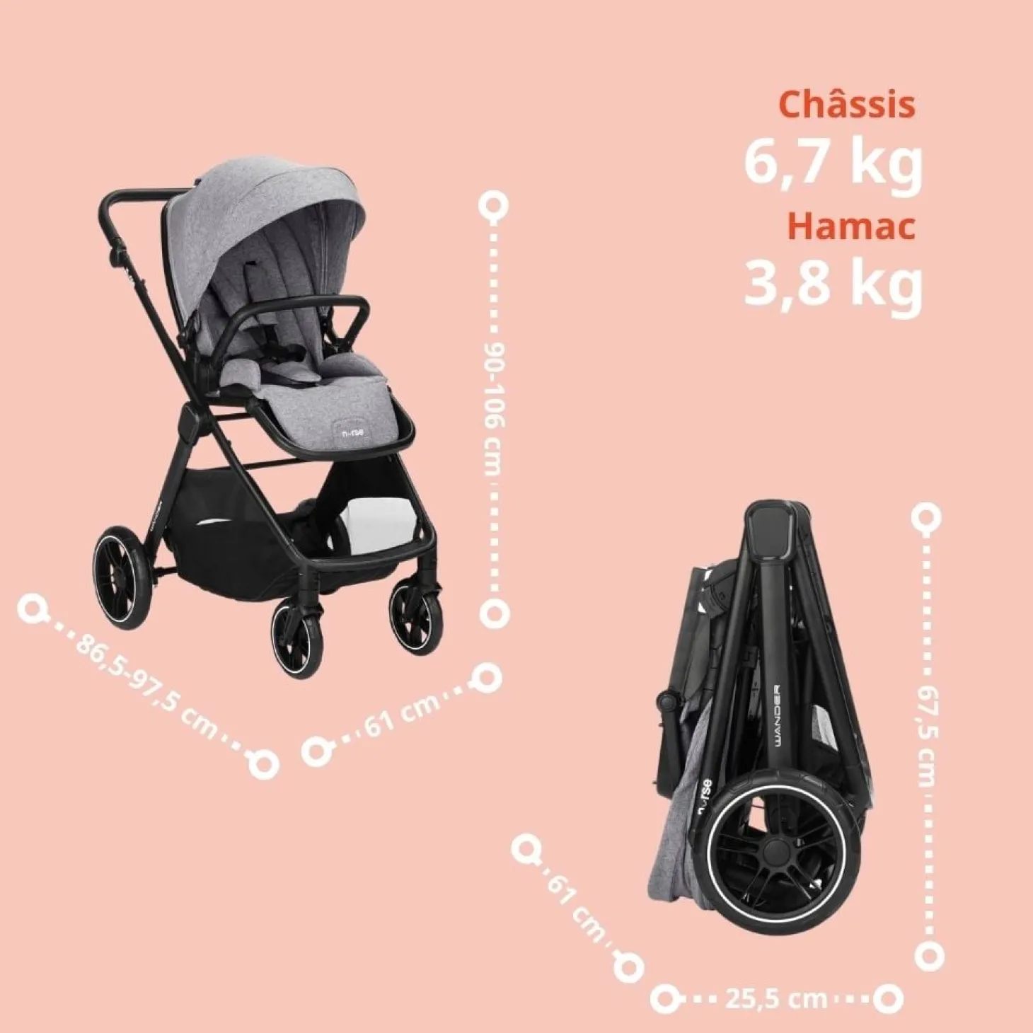 Nurse Trio poussette Wander nacelle + coque Iron