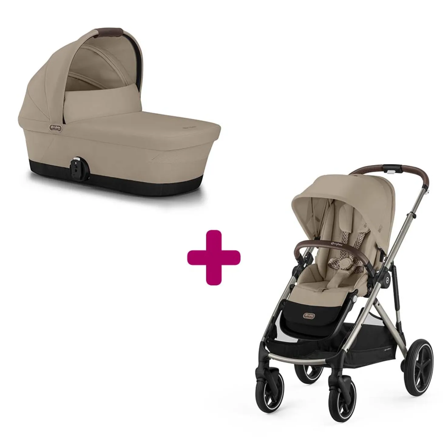 Pack Duo Poussette Gazelle S Châssis Taupe et Siège Almond Beige + Nacelle bébé Gazelle S Almond Beige de Cybex