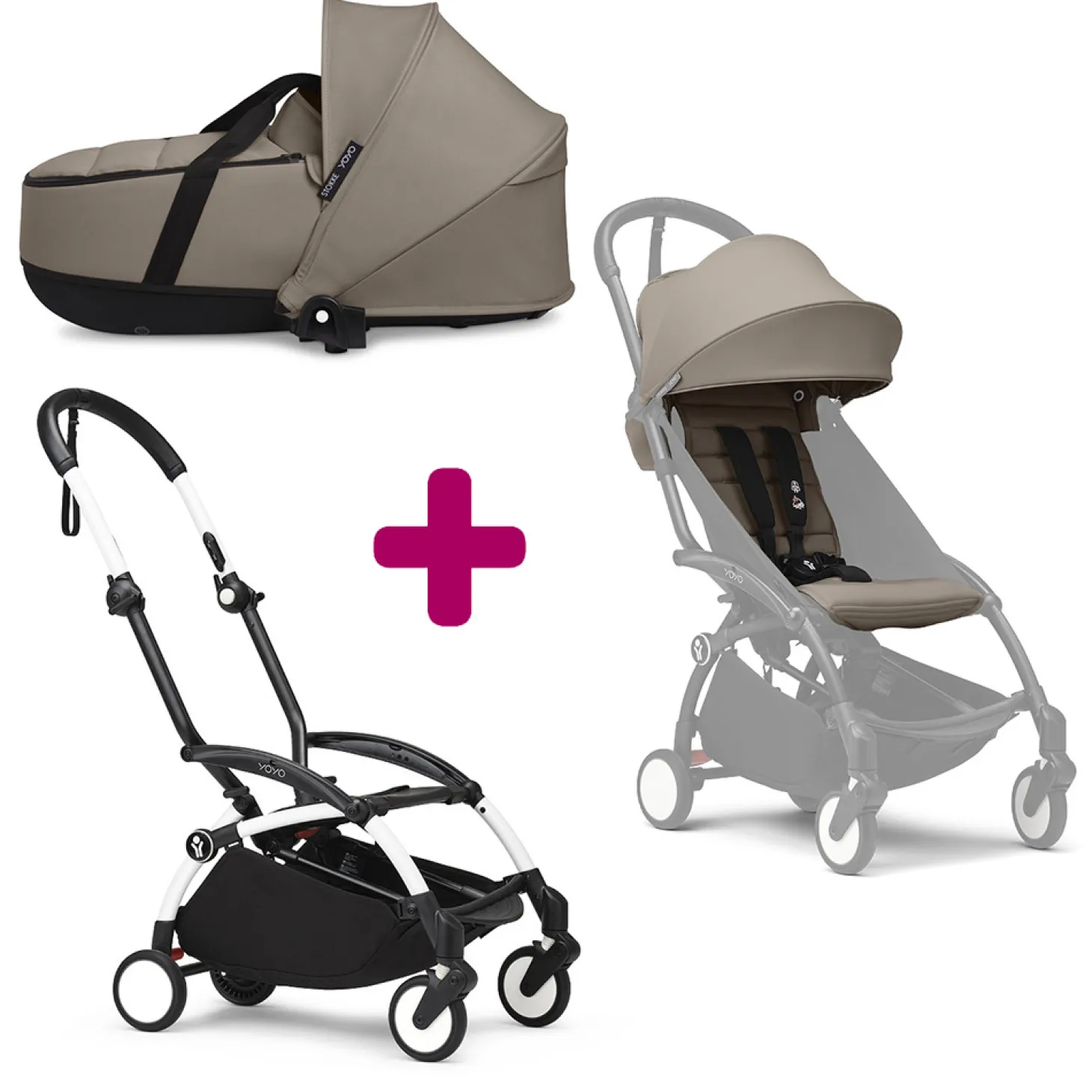 Pack Poussette duo chassis YOYO³ Blanc + pack 6+ YOYO³ Taupe + nacelle YOYO³ Taupe de Stokke