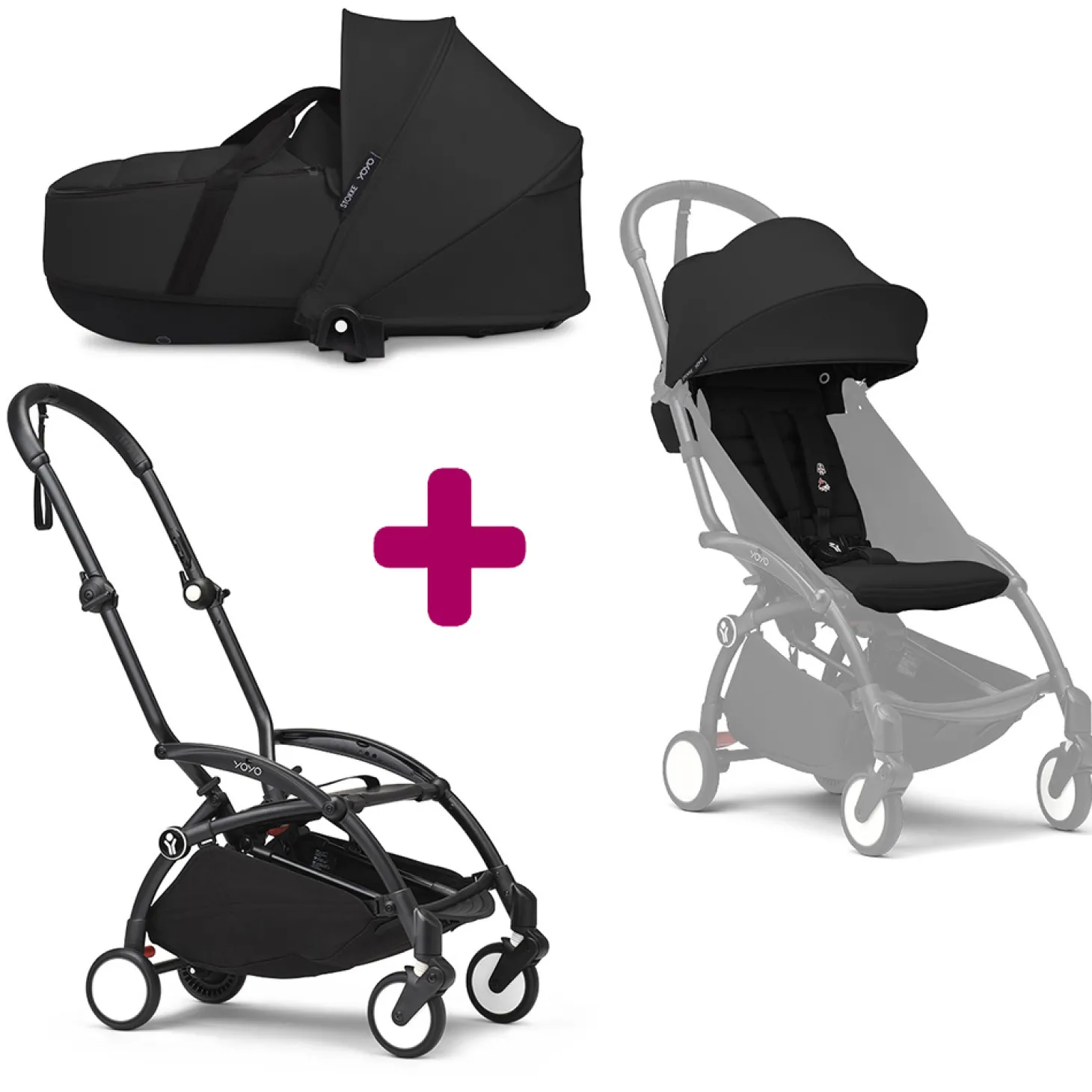 Pack Poussette duo chassis YOYO³ Noir + pack 6+ YOYO³ Noir + nacelle YOYO³ Noir de Stokke