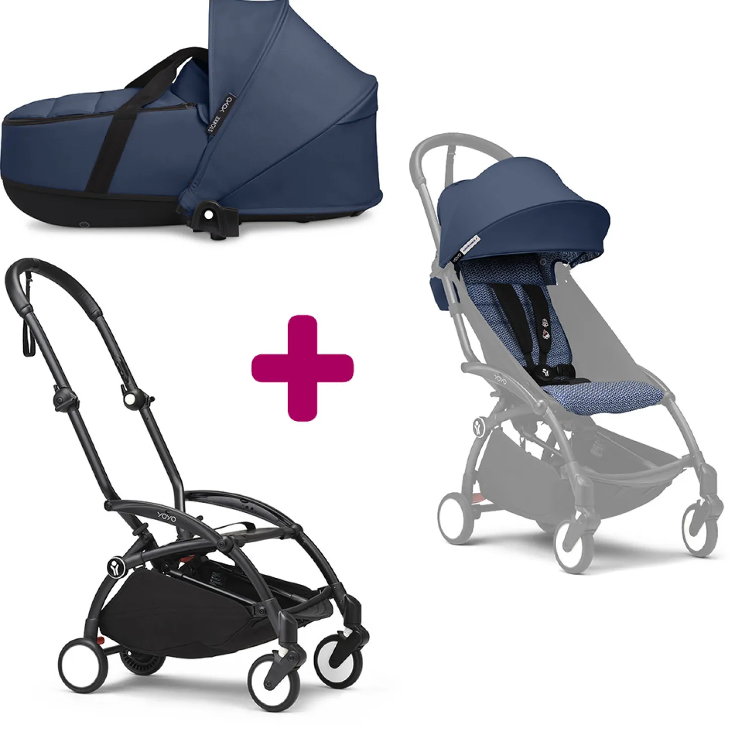 Pack Poussette duo chassis YOYO³ Noir + pack 6+ YOYO³ Bleu Air France + nacelle YOYO³ Air France de Stokke