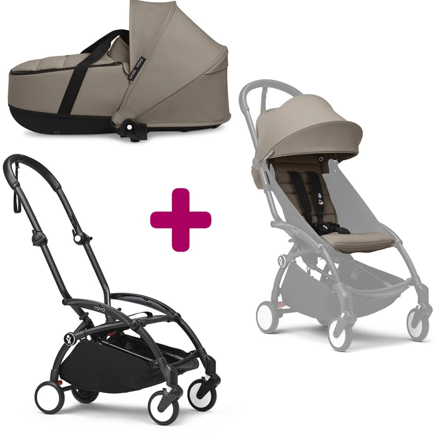 Pack Poussette duo chassis YOYO³ Noir + pack 6+ YOYO³ Taupe + nacelle YOYO³ Taupe de Stokke