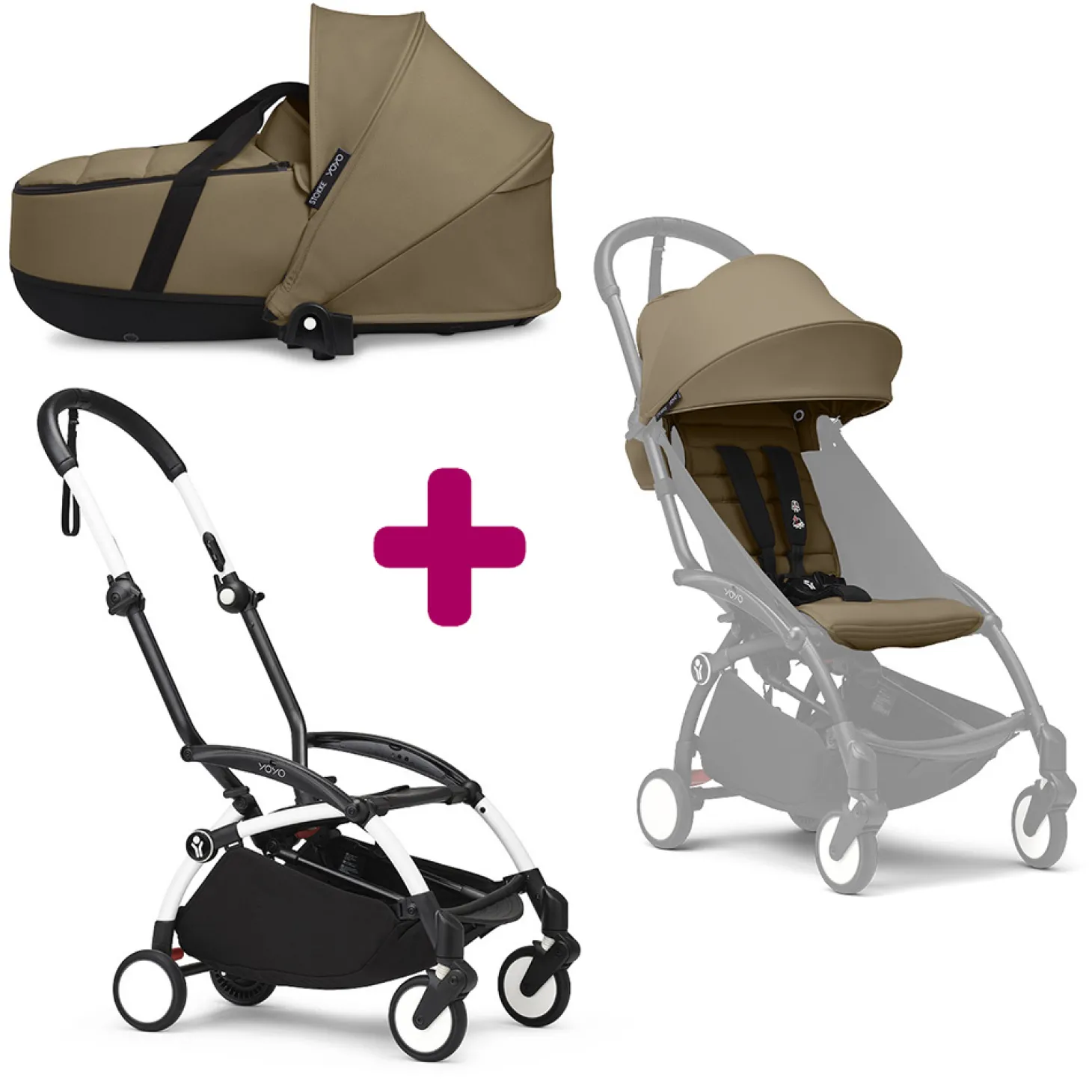 Pack Poussette duo chassis YOYO³ Blanc + pack 6+ YOYO³ Toffee + nacelle YOYO³ Toffee de Stokke