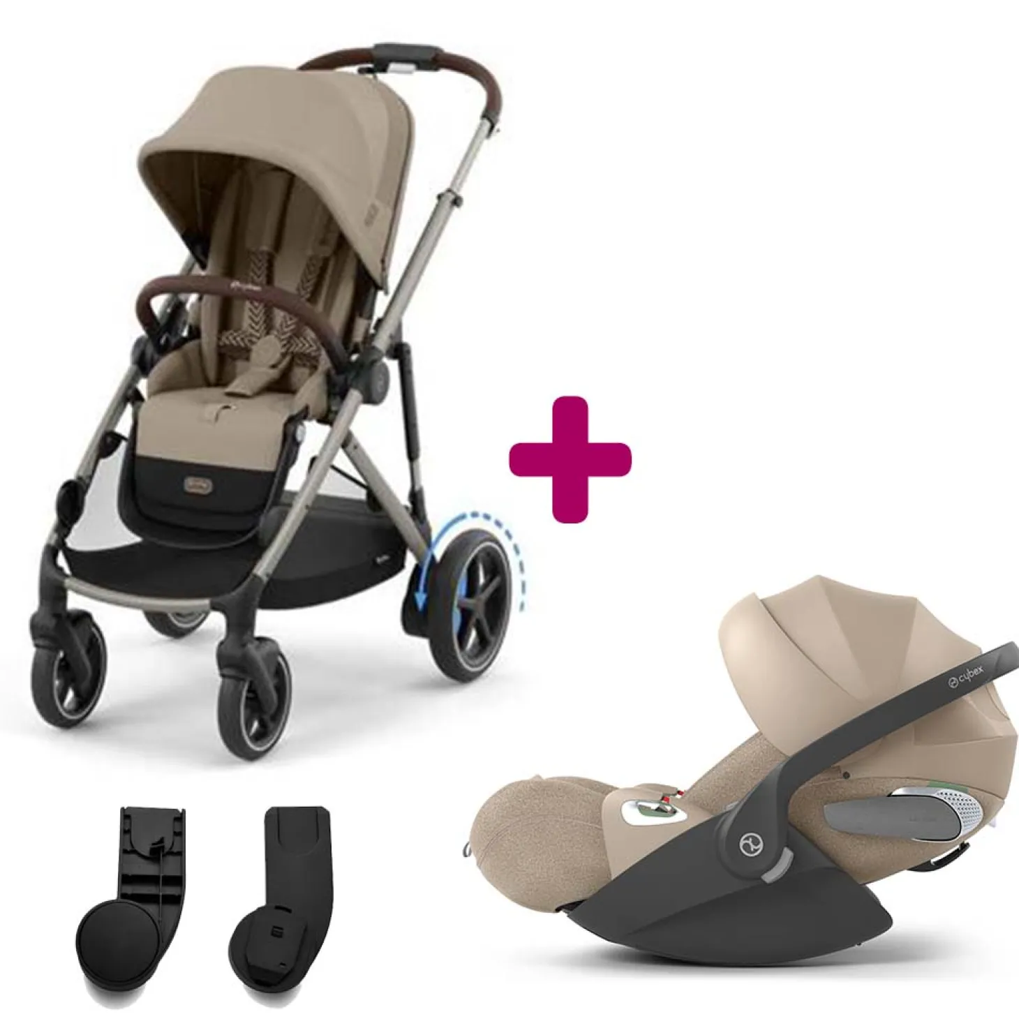 Pack Poussette duo eGazelle Chassis Taupe / Siège Almond Beige + adaptateurs coque + coque Cloud T tissus plus Cozy Beige de Cybex