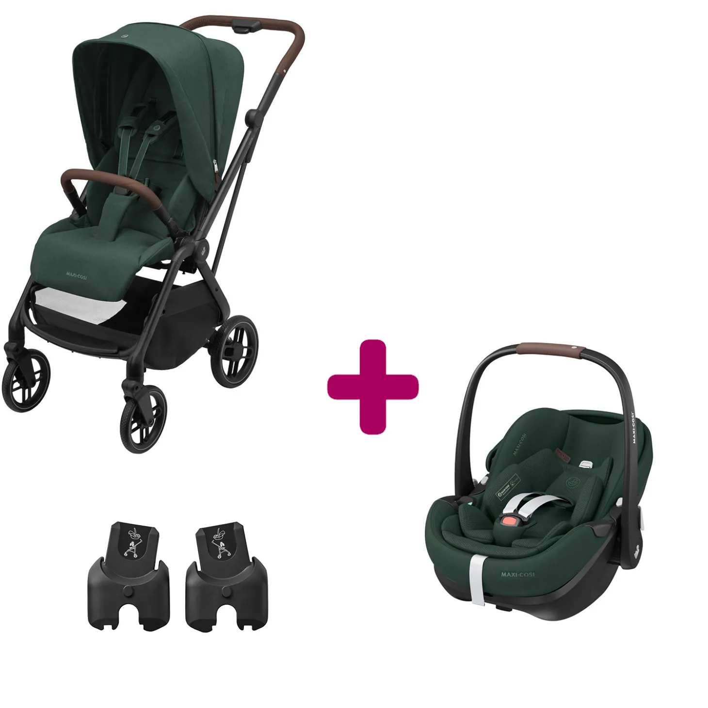 Pack Poussette Duo Léona 2 Twillic Green + adaptateurs coque + coque Pebble 360 pro 2 de Maxi Cosi