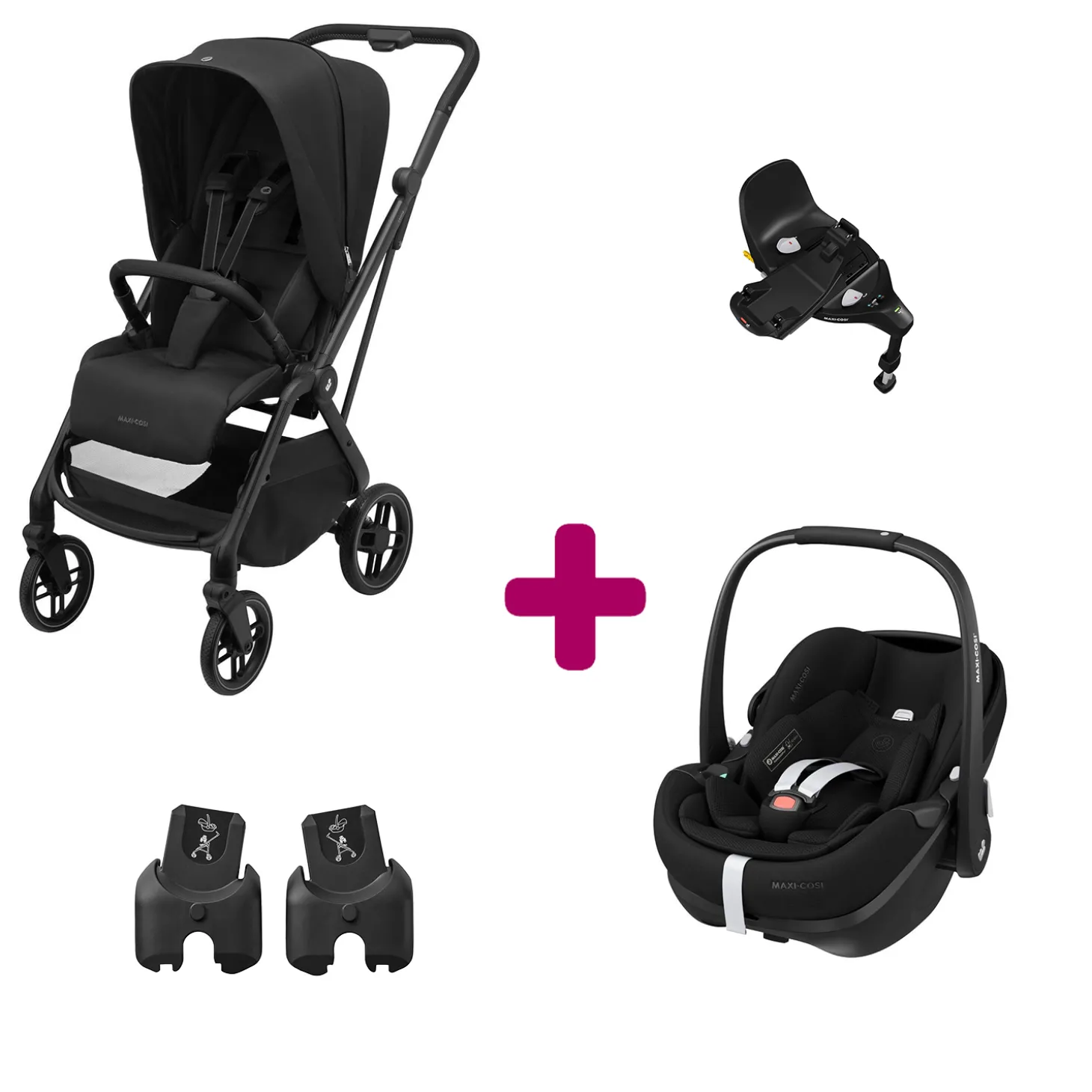 Pack Poussette Duo Léona 2 Twillic Black + adaptateurs coque + coque Pebble 360 pro 2 + base Familyfix 360 pro de Maxi Cosi