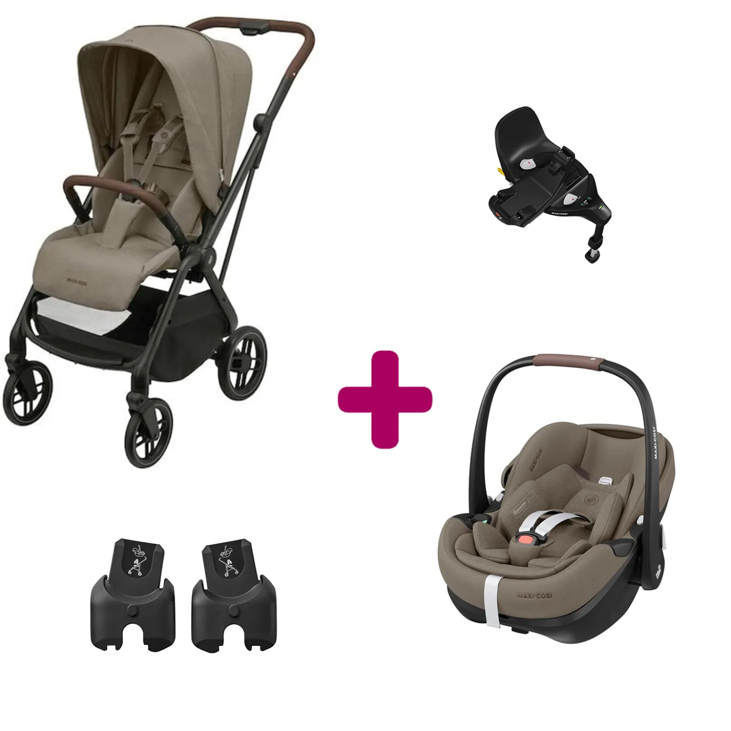 Pack Poussette Duo Léona 2 Twillic Truffle + adaptateurs coque + coque Pebble 360 pro 2 + base Familyfix 360 pro de Maxi Cosi
