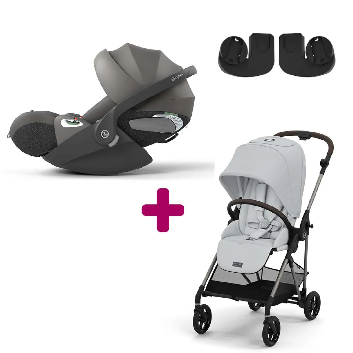 Pack Poussette Duo Melio 4 Fog Grey + adaptateurs + Coque Cloud T i-Size Mirage Grey de Cybex