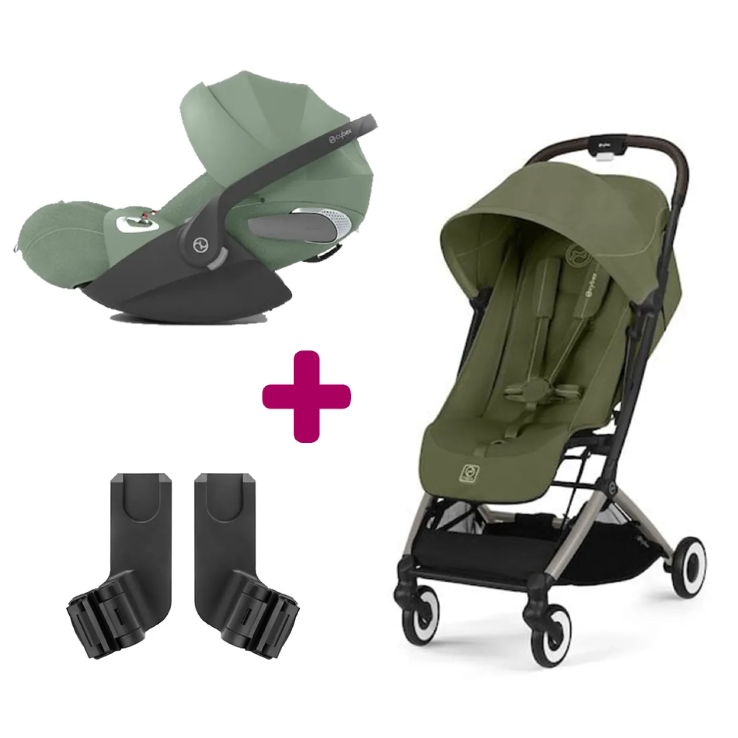 Pack Poussette duo Orfeo Moss Green + adaptateurs coque + Coque Cloud T tissu plus Leaf Green de Cybex