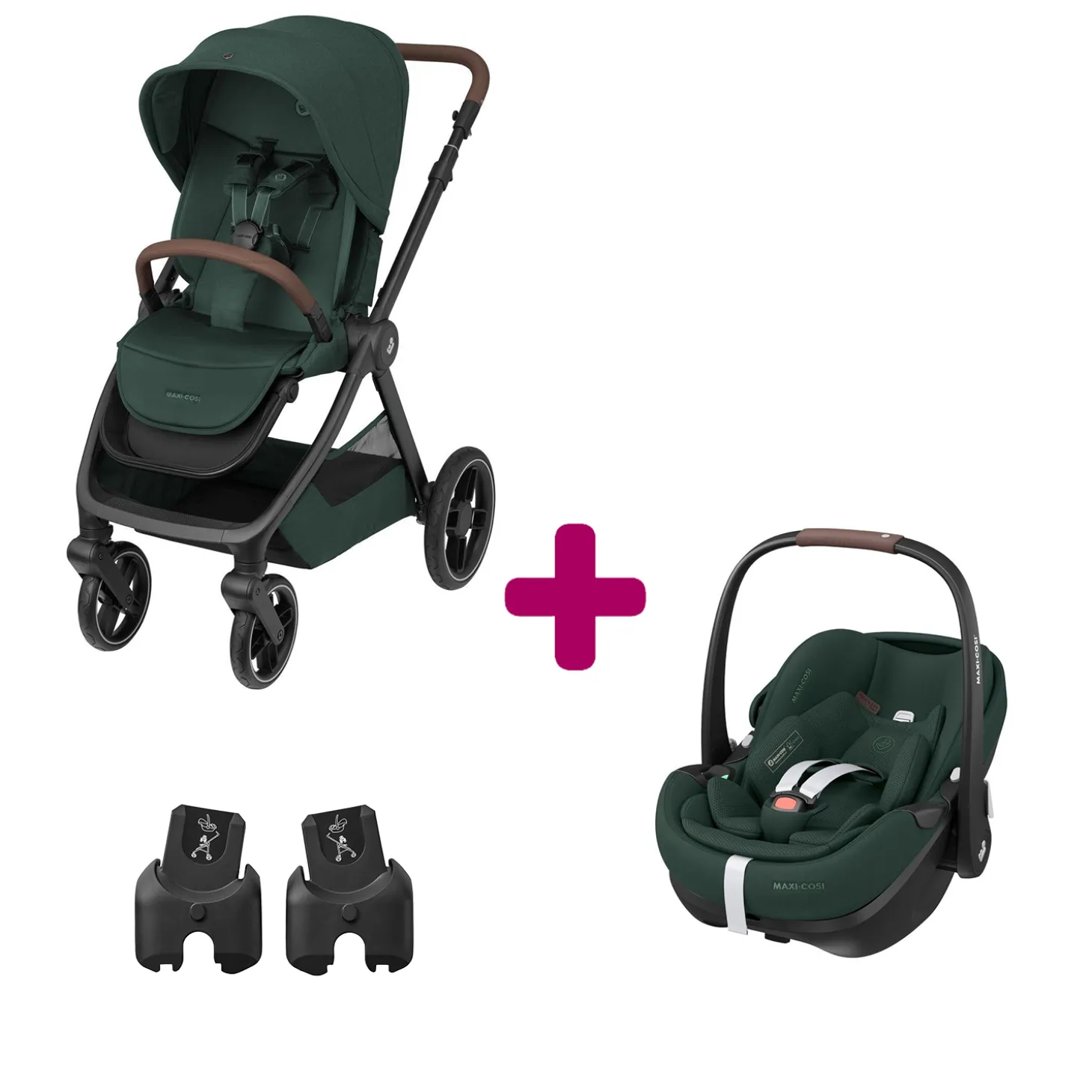 Pack Poussette Duo Oxford Twillic Green + adaptateurs coque + coque Pebble 360 pro 2 de Maxi Cosi