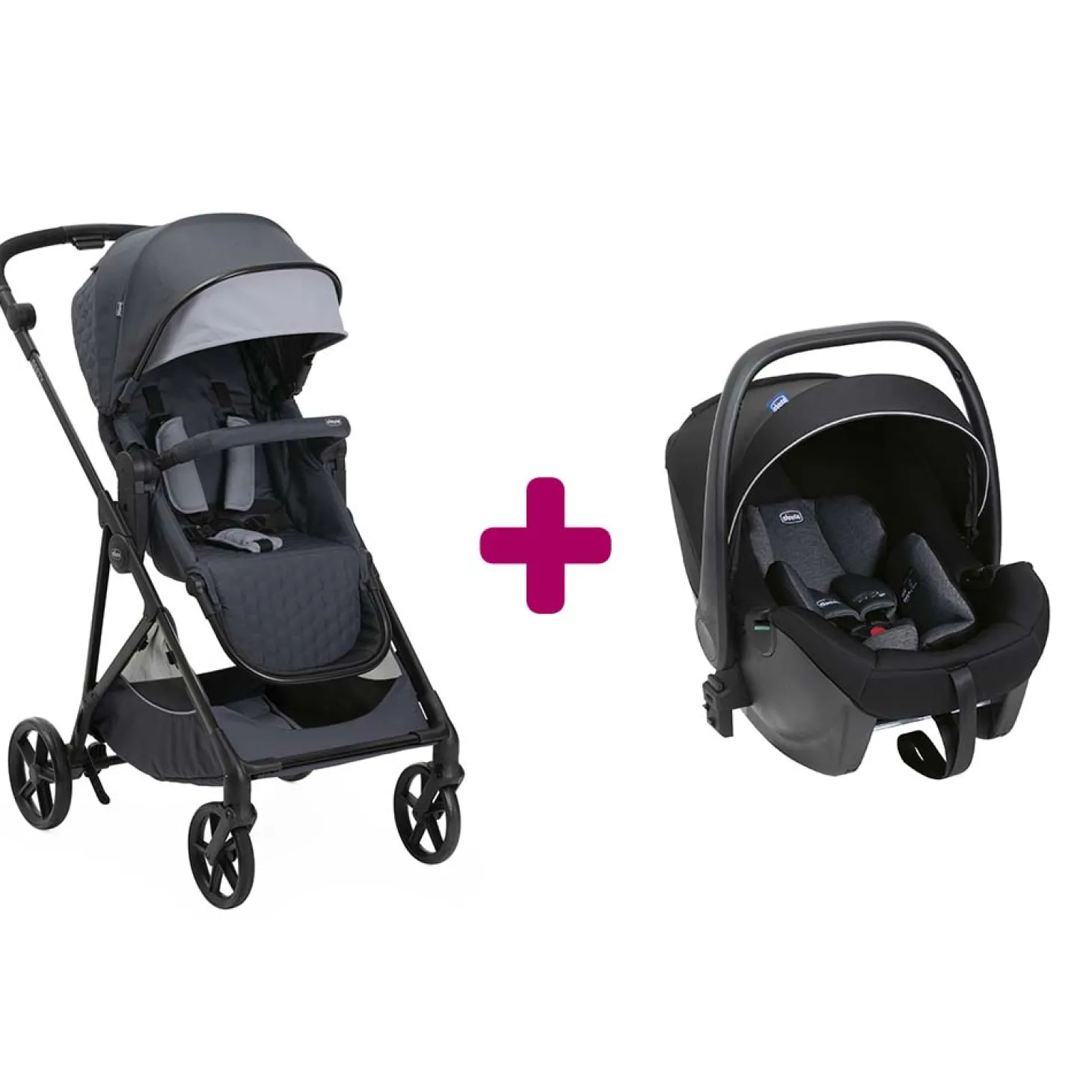 Pack poussette Duo Seety Boston grey + coque Kory Plus air black de Chicco