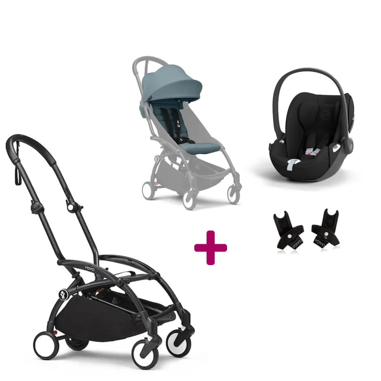 Pack Poussette Duo Yoyo 3 Aqua Cadre Noir + coque Cloud T Sepia Black+ adaptateurs de Stokke