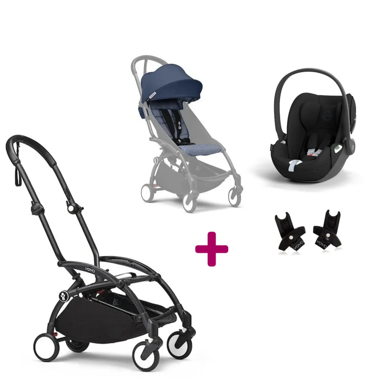 Pack Poussette Duo Yoyo 3 Bleu Air France Cadre Noir + coque Cloud T Sepia Black + adaptateurs de Stokke