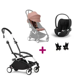 Pack Poussette Duo Yoyo 3 Ginger Cadre Blanc + coque Cloud T Sepia Black+ adaptateurs                            de Stokke