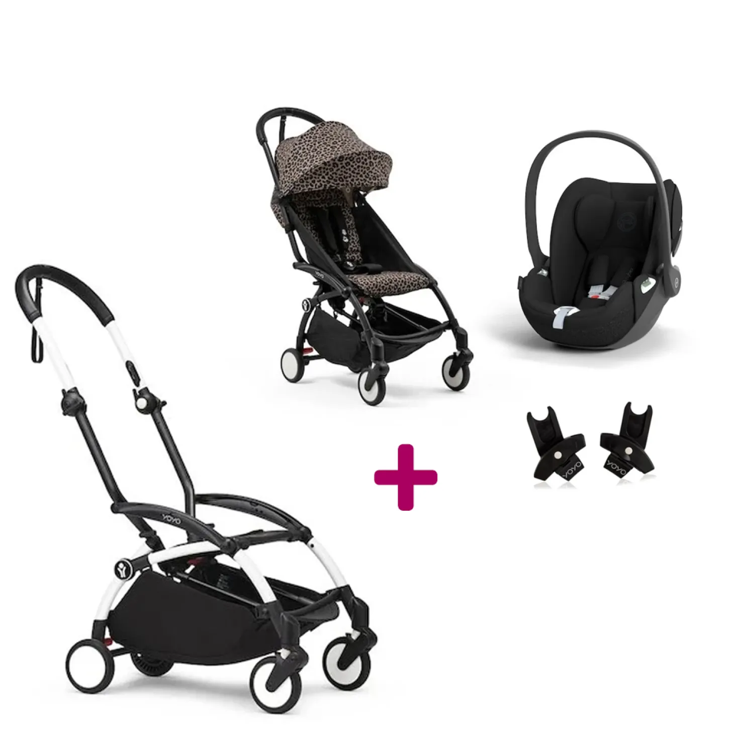 Pack Poussette Duo Yoyo 3 Léopard Cadre Blanc + coque Cloud T Sepia Black + adaptateurs de Stokke