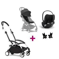 Pack Poussette Duo Yoyo 3 Noir Cadre Blanc + coque Cloud T Sepia Black + adaptateurs                            de Stokke