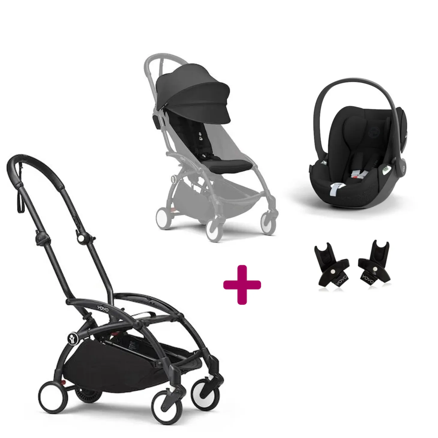 Pack Poussette Duo Yoyo 3 Noir Cadre Noir + coque Cloud T Sepia Black + adaptateurs de Stokke