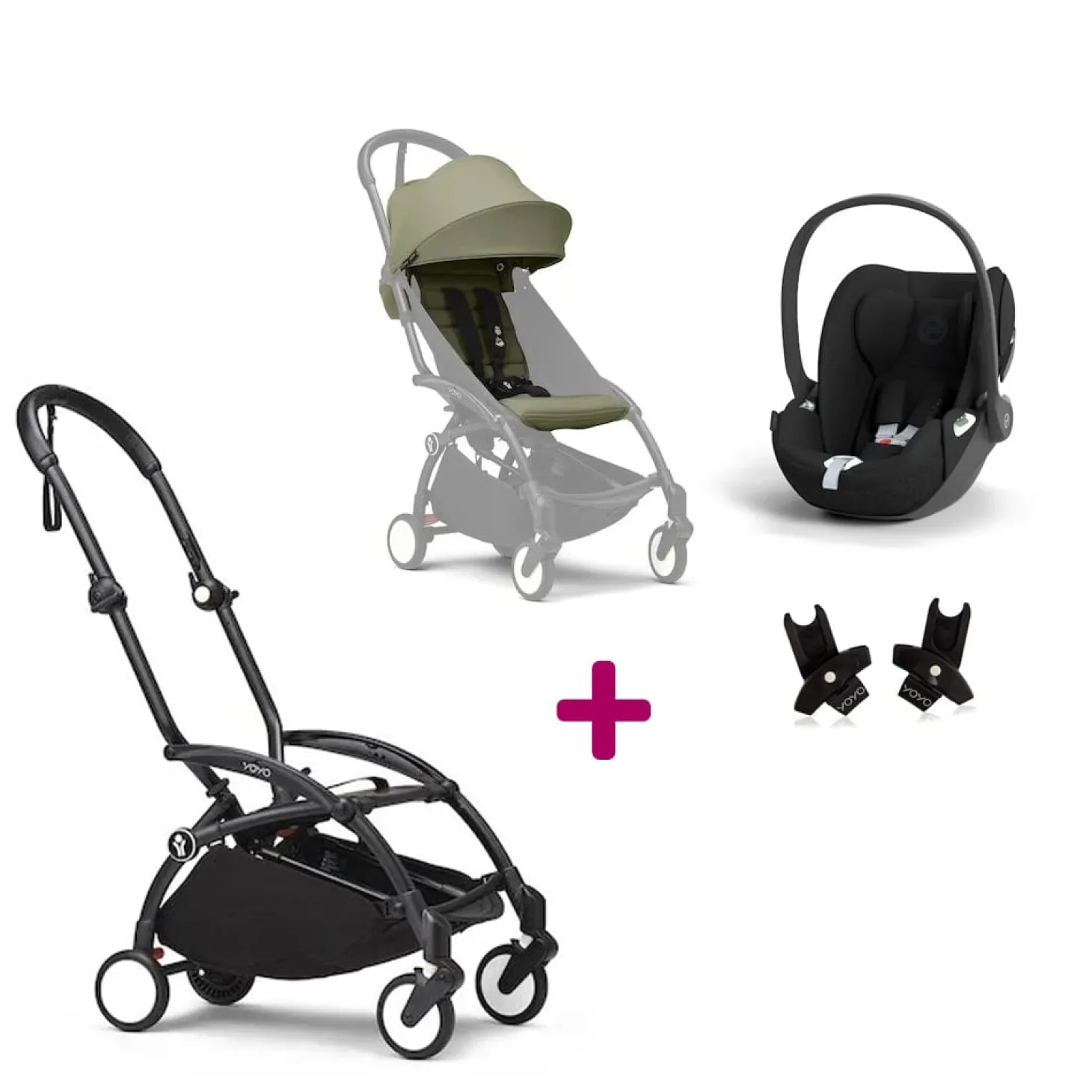 Pack Poussette Duo Yoyo 3 Olive Cadre Noir + coque Cloud T Sepia Black + adaptateurs de Stokke