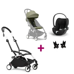 Pack Poussette Duo Yoyo 3 Olive Cadre Blanc + coque Cloud T Sepia Black + adaptateurs                            de Stokke