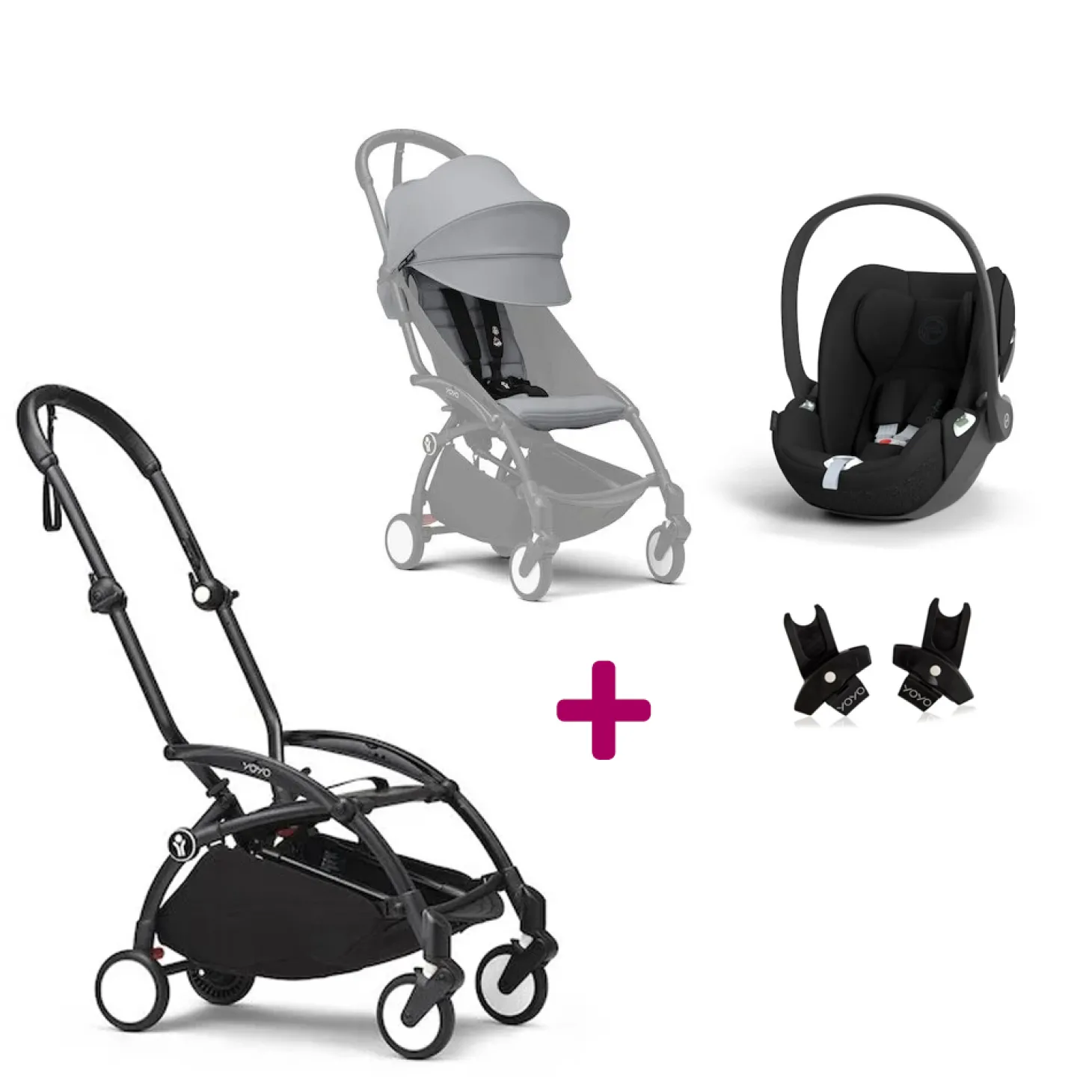 Pack Poussette Duo Yoyo 3 Stone Cadre Noir + coque Cloud T Sepia Black+ adaptateurs de Stokke