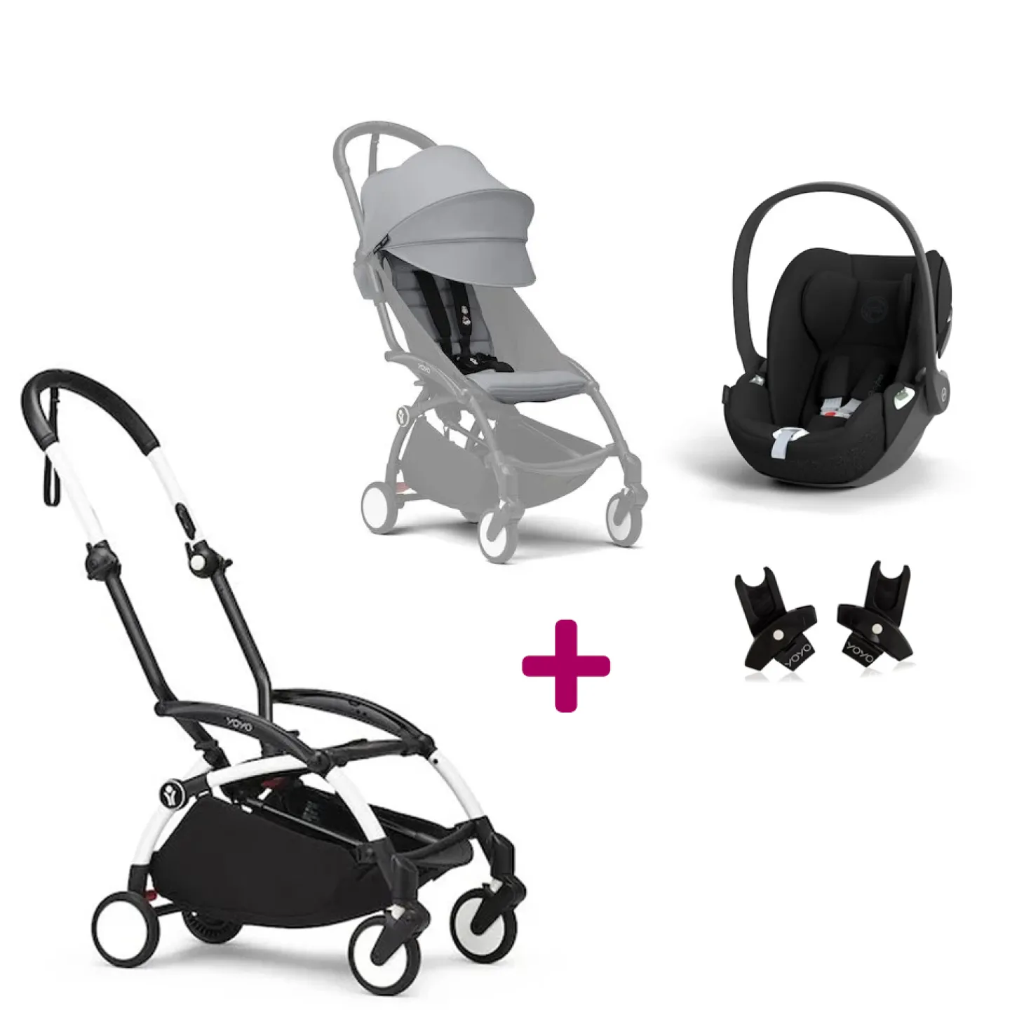 Pack Poussette Duo Yoyo 3 Stone Cadre Blanc + coque Cloud T Sepia Black + adaptateurs de Stokke