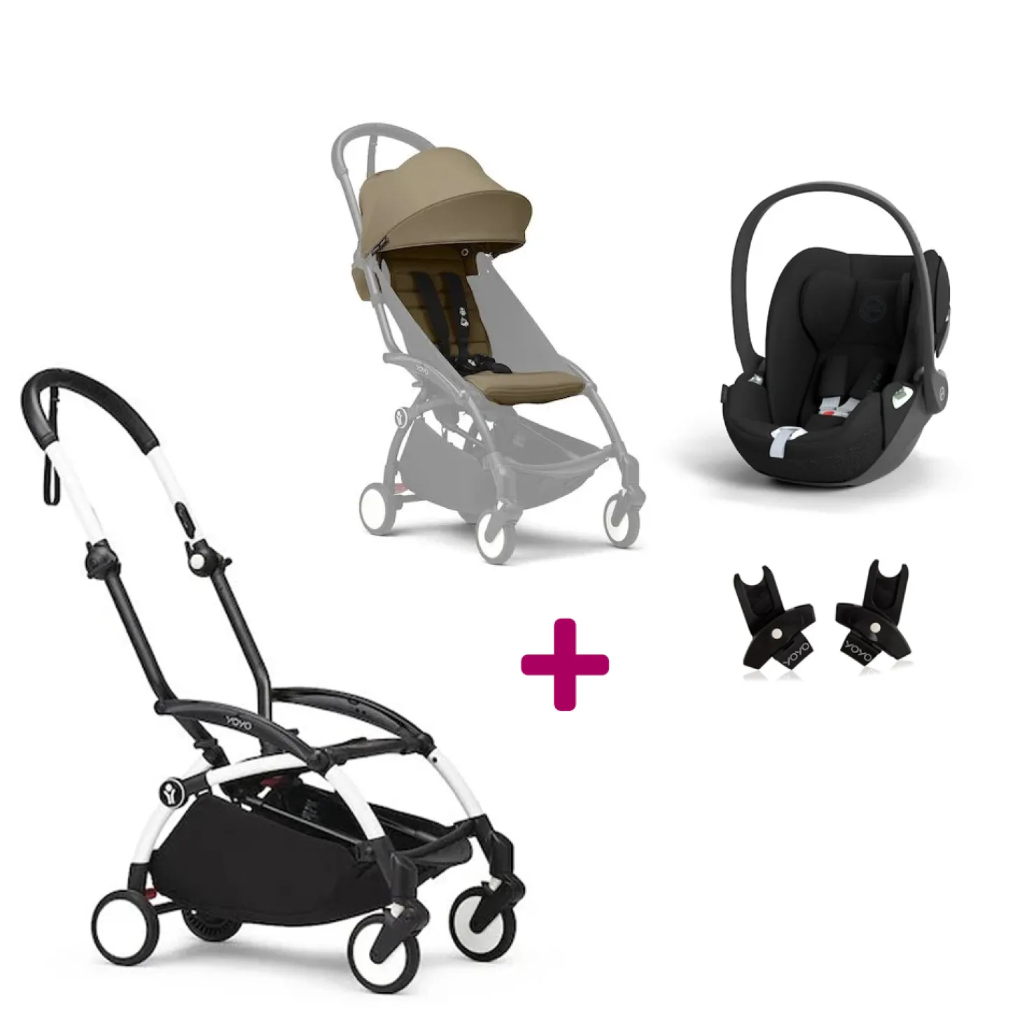 Pack Poussette Duo Yoyo 3 Toffee Cadre Blanc + coque Cloud T Sepia Black + adaptateurs de Stokke