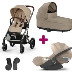 Pack Poussette Trio Balios Almond beige + nacelle Cot S lux Almond beige + adaptateurs coque + coque Cloud T tissu plus cozy beige                            de Cybex