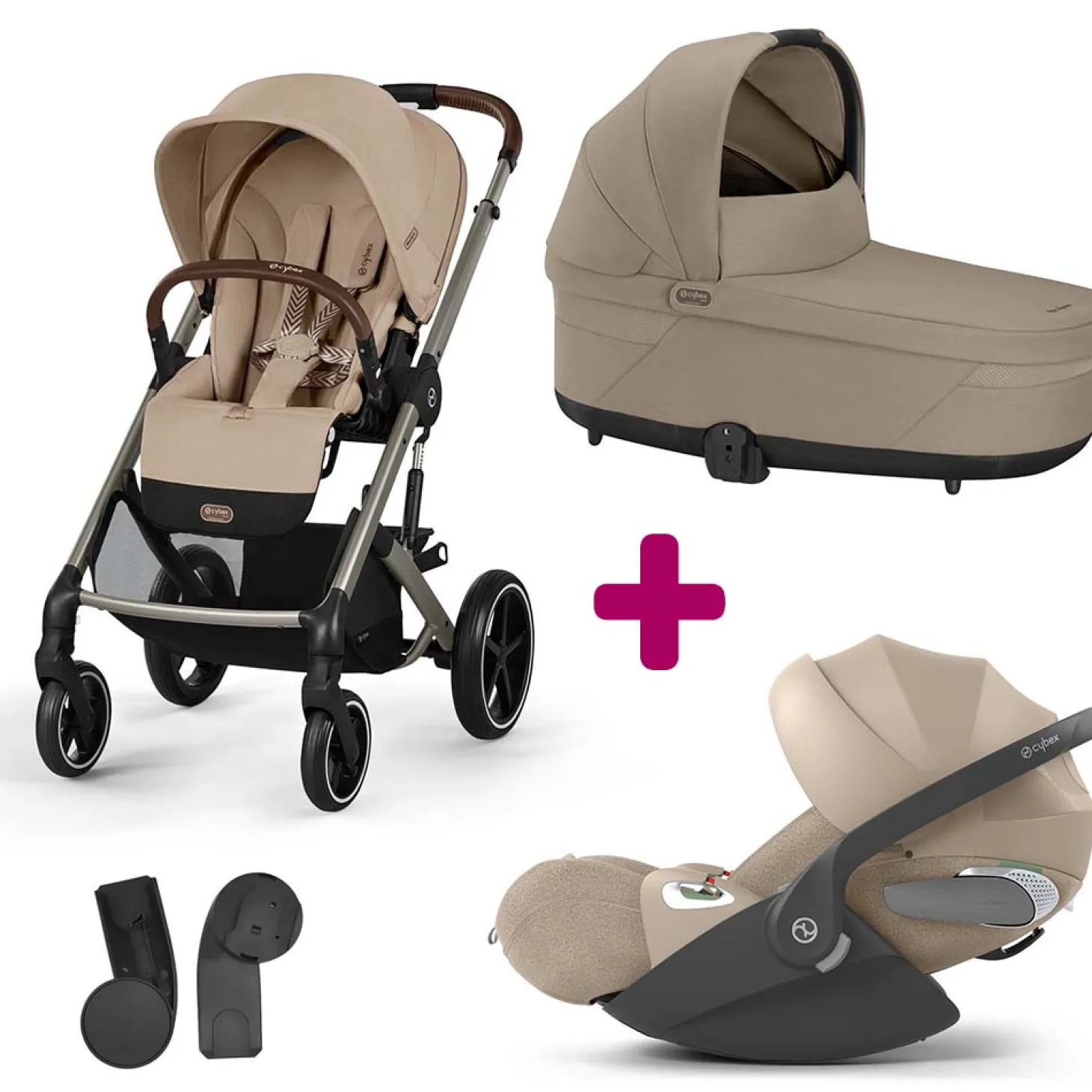 Pack Poussette Trio Balios Almond beige + nacelle Cot S lux Almond beige + adaptateurs coque + coque Cloud T tissu plus cozy beige de Cybex