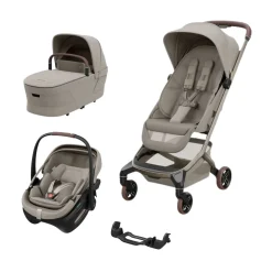Pack Poussette Trio Fame Cabin Sapphire sand + adaptateurs coque Coral + coque Coral Sapphire sand + nacelle                            de Maxi Cosi
