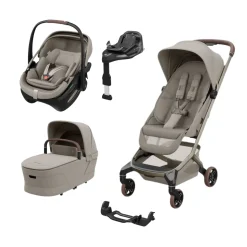 Pack Poussette Trio Fame Cabin Sapphire sand + adaptateurs coque Coral + coque Coral Sapphire sand + nacelle + base                            de Maxi Cosi