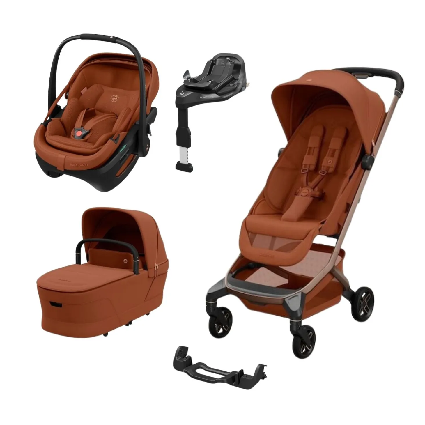 Pack Poussette Trio Fame Cabin Copper terra + adaptateurs coque Coral + coque Coral Copper Terra + nacelle + base de Maxi Cosi