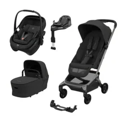 Pack Poussette Trio Fame Cabin Onyx Black + adaptateurs coque Coral + coque Coral Onyx Black + nacelle + base                            de Maxi Cosi