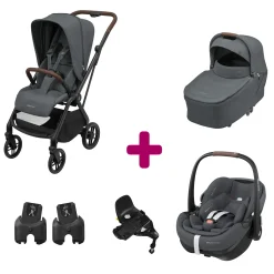 Pack Poussette Trio Léona 2 Twillic Graphite + nacelle + adaptateurs coque + coque Pebble 360 pro 2 + Base Familyfix 360 pro                            de Maxi Cosi