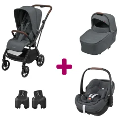Pack Poussette Trio Léona 2 Twillic Graphite + nacelle + adaptateurs coque + coque Pebble 360 pro 2                            de Maxi Cosi