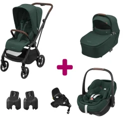 Pack Poussette Trio Léona 2 Twillic Green + nacelle + adaptateurs coque + coque Pebble 360 pro 2 + Base Familyfix 360 pro                            de Maxi Cosi