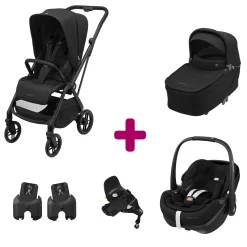 Pack Poussette Trio Léona 2 Twillic Black + nacelle + adaptateurs coque + coque Pebble 360 pro 2 + Base Familyfix 360 pro                            de Maxi Cosi