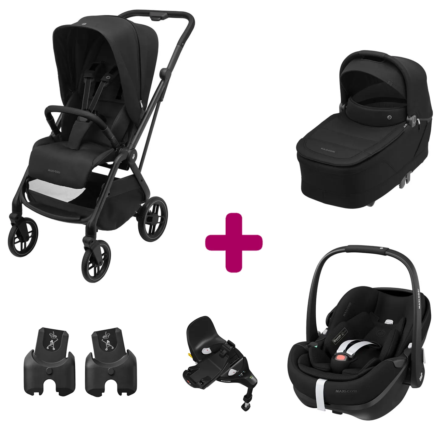 Pack Poussette Trio Léona 2 Twillic Black + nacelle + adaptateurs coque + coque Pebble 360 pro 2 + Base Familyfix 360 pro de Maxi Cosi
