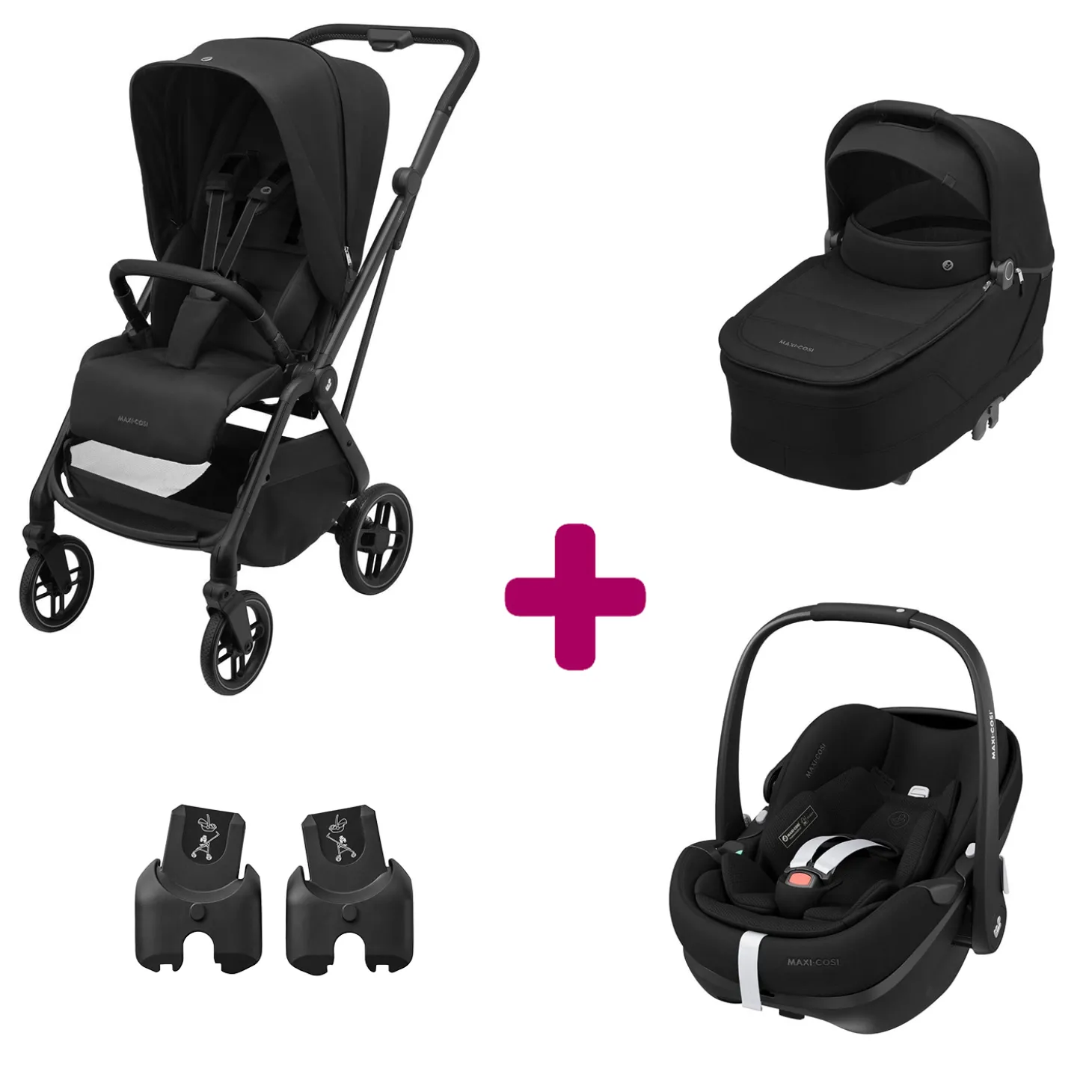 Pack Poussette Trio Léona 2 Twillic Black + nacelle + adaptateurs coque + coque Pebble 360 pro 2 de Maxi Cosi