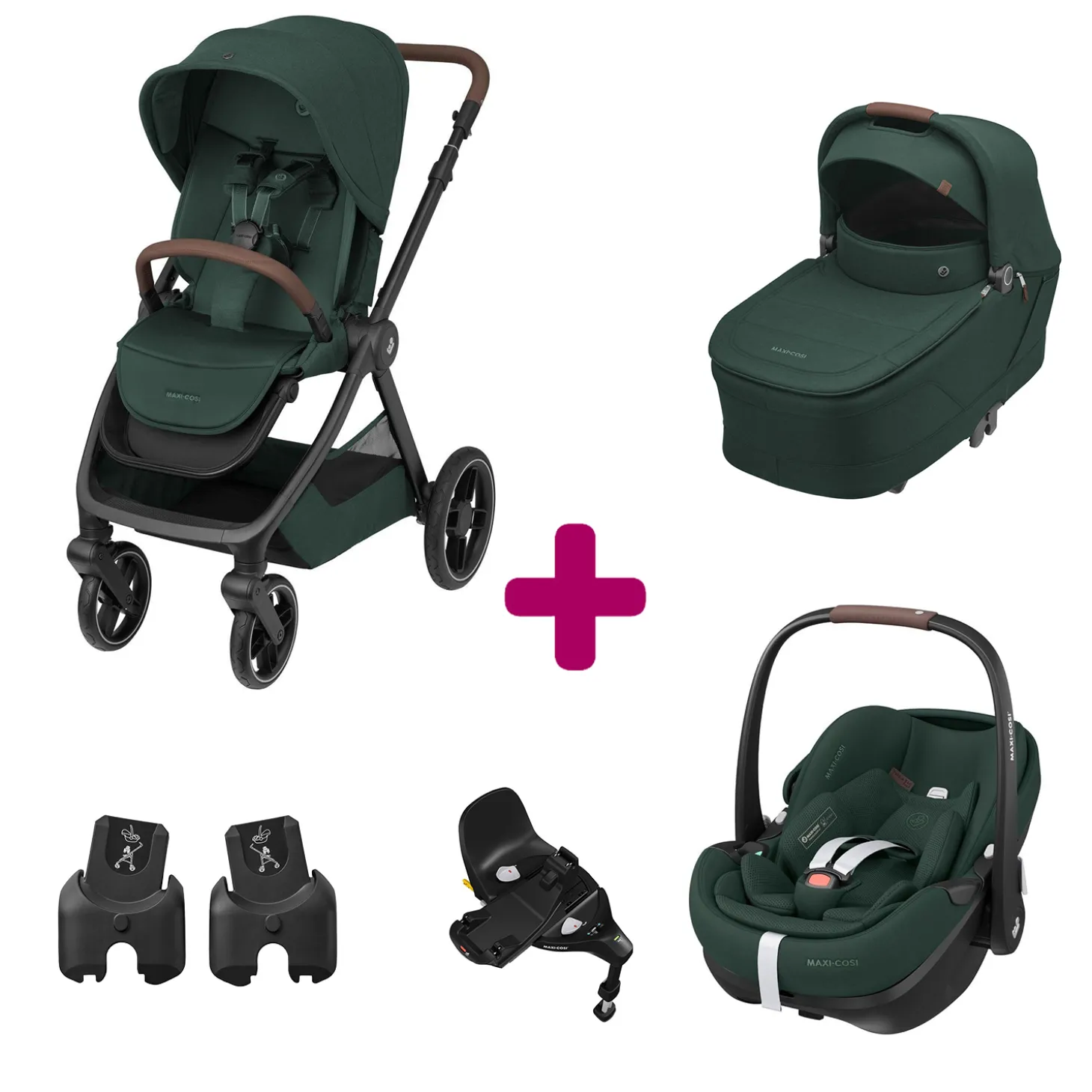 Pack Poussette Trio Oxford Twillic Green + Nacelle + adaptateurs coques + coque Pebble 360 pro 2 + base Familyfix 360 pro de Maxi Cosi
