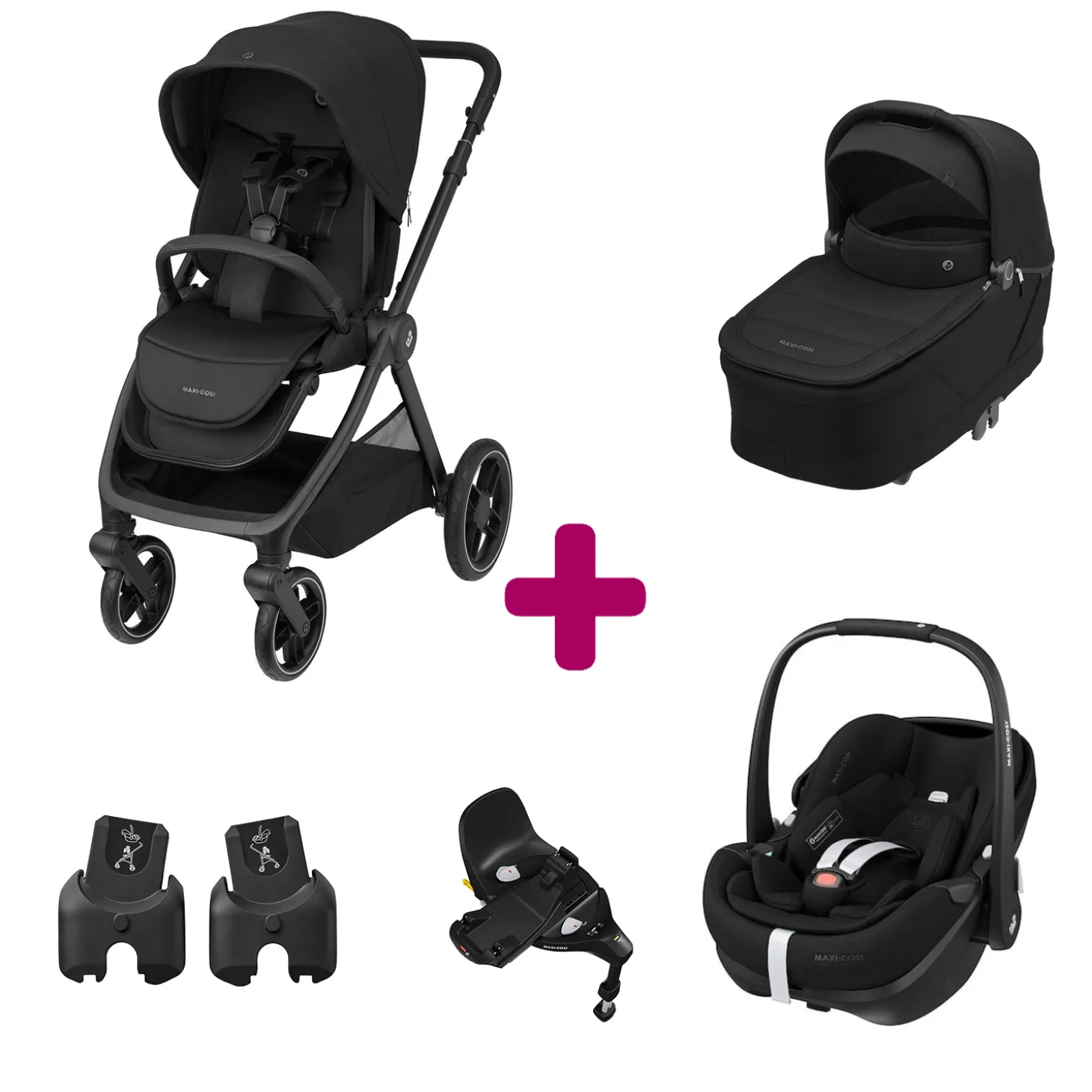 Pack Poussette Trio Oxford Twillic Black + Nacelle + adaptateurs coques + coque Pebble 360 pro 2 + base Familyfix 360 pro de Maxi Cosi