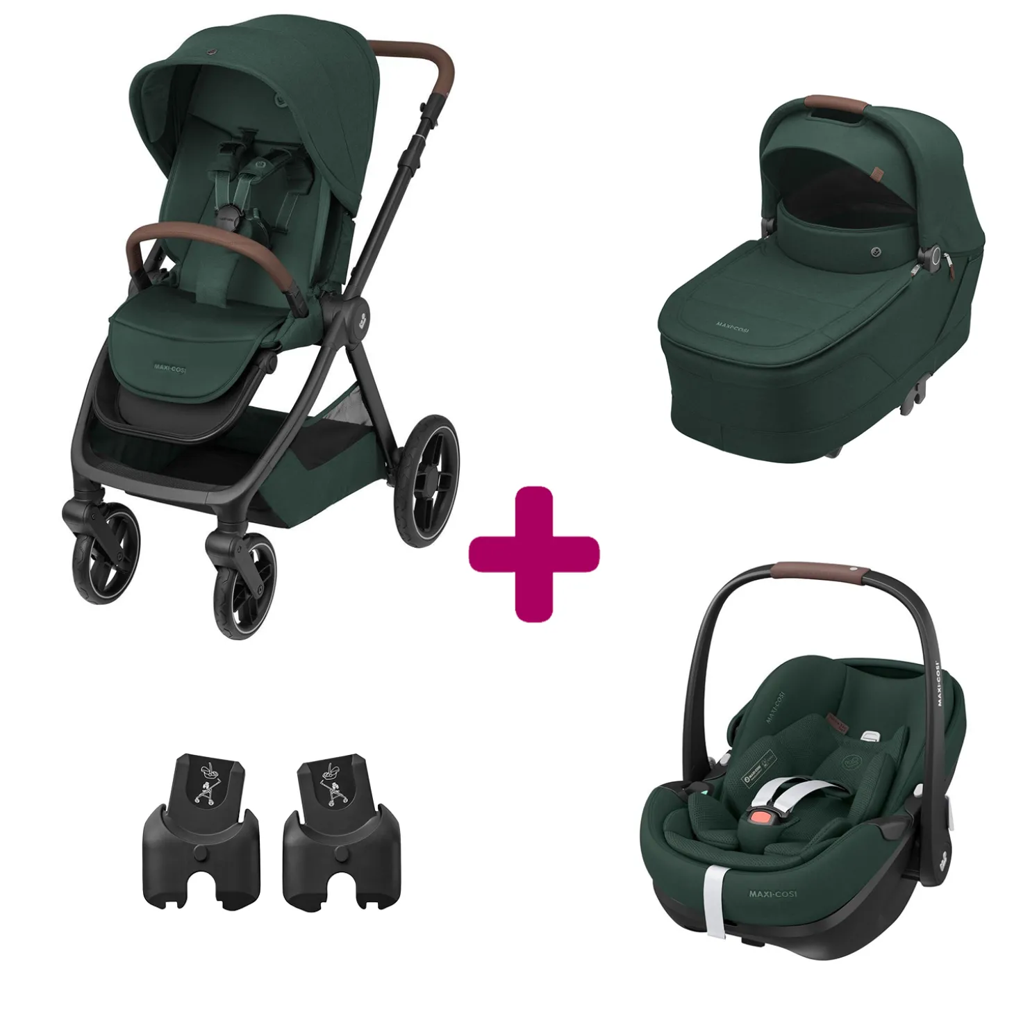 Pack Poussette Trio Oxford Twillic Green + Nacelle + adaptateurs coques + coque Pebble 360 pro 2 de Maxi Cosi