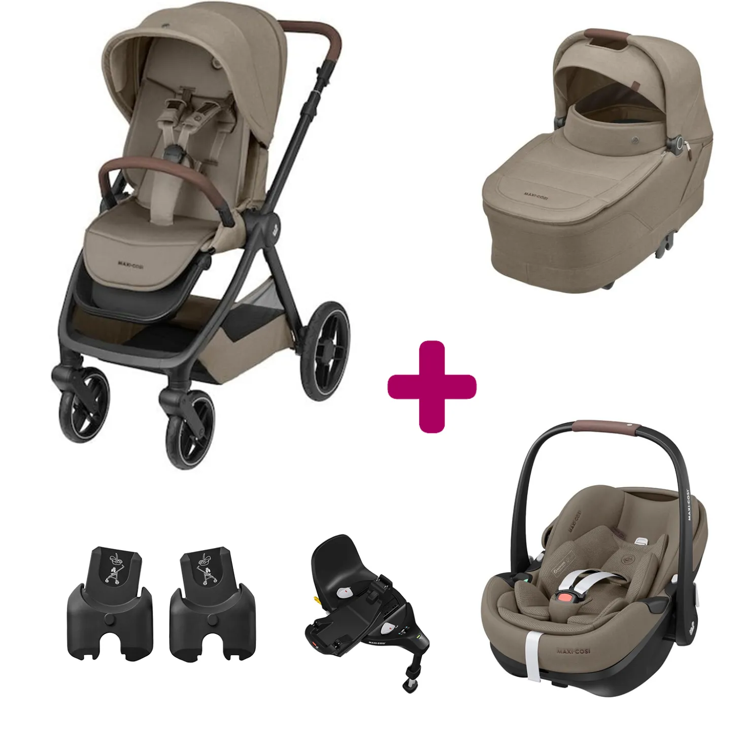 Pack Poussette Trio Oxford Twillic Truffle + Nacelle Twillic Truffle + adaptateurs coques + coque Pebble 360 pro 2 + base Familyfix 360 pro de Maxi Cosi