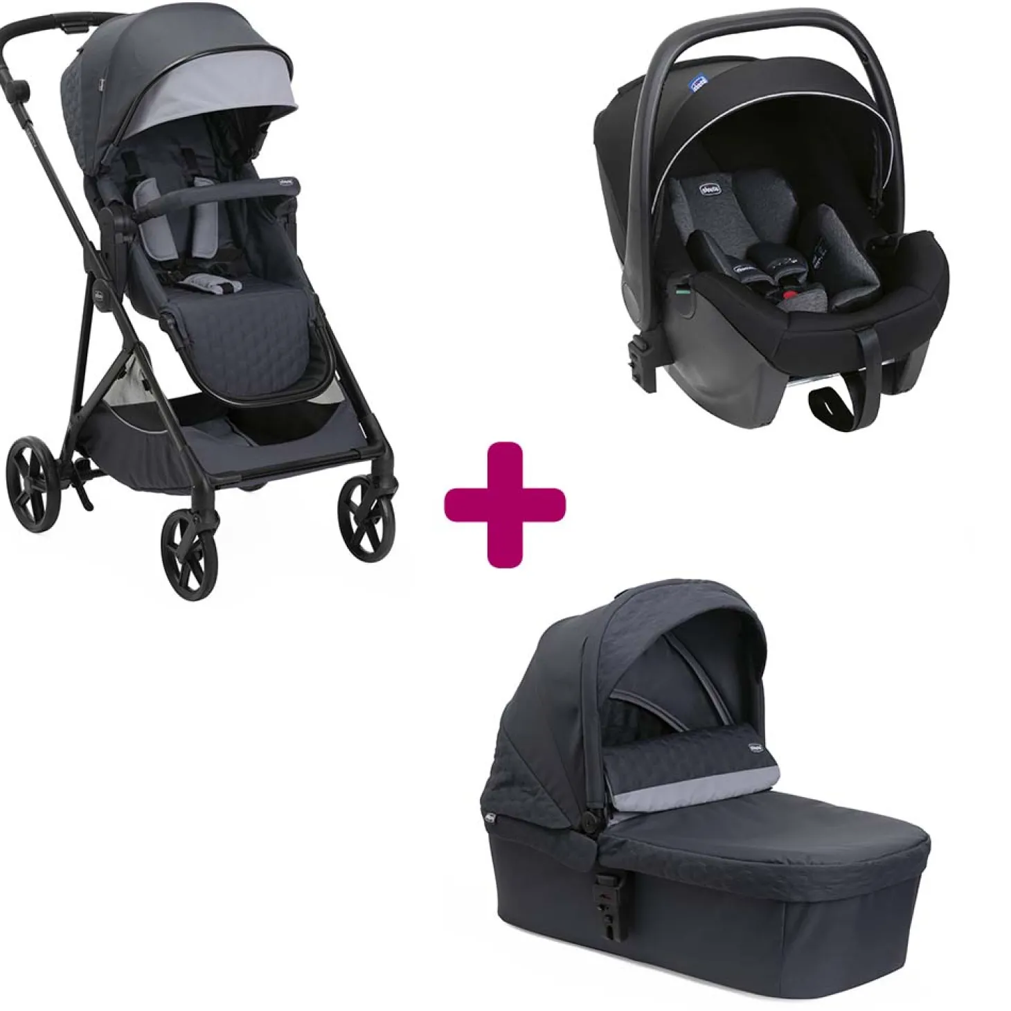 Pack poussette trio Seety Boston grey + coque Kory plus air black + nacelle Boston grey de Chicco