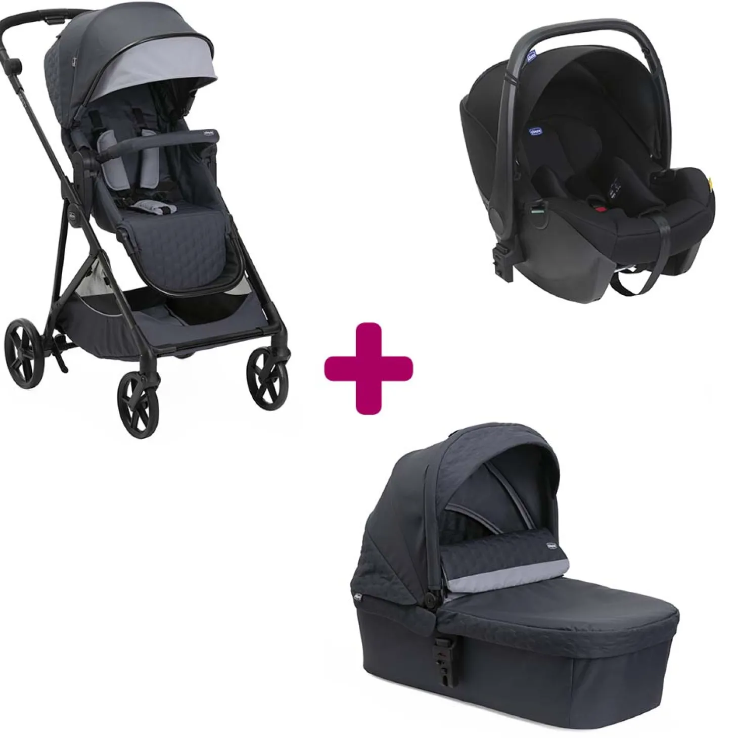 Pack poussette trio Seety Boston grey + coque Kory essential black + nacelle Boston grey de Chicco