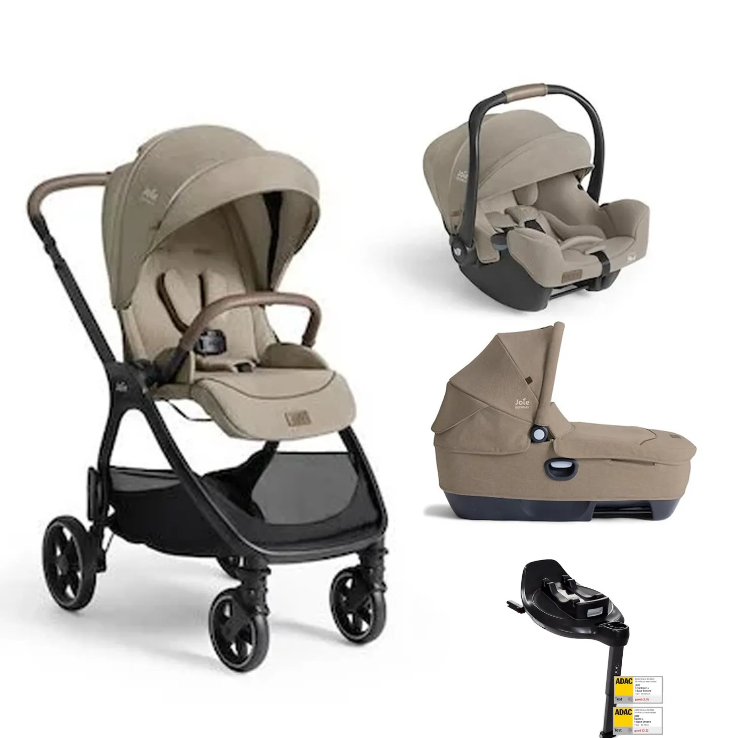 Pack poussette trio XL Valora Sandstone + coque i-starter + nacelle calmi + base encore de Joie