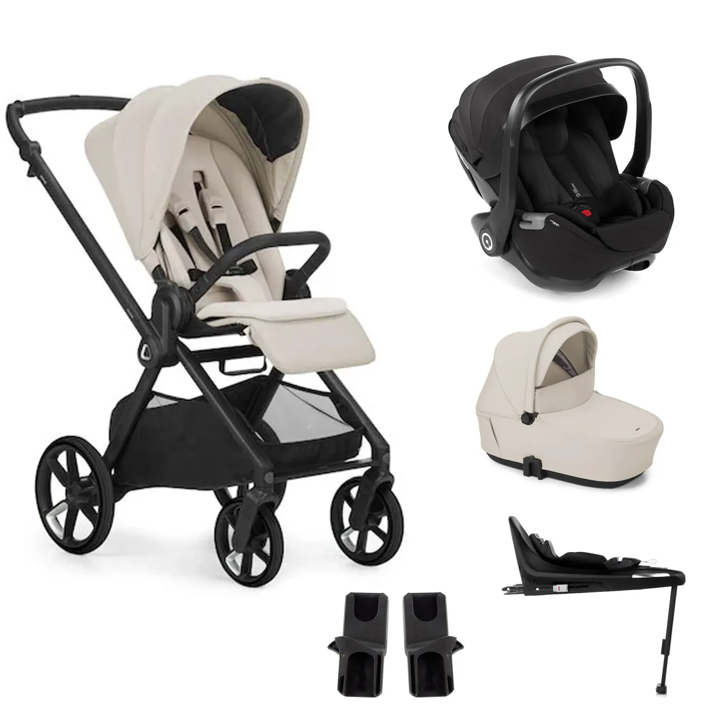 Pack trio Poussette Mumm 5 Sand-li + nacelle sleep + coque allongeable Kombibaby Matt Black + adaptateur + base pivotante de Jané
