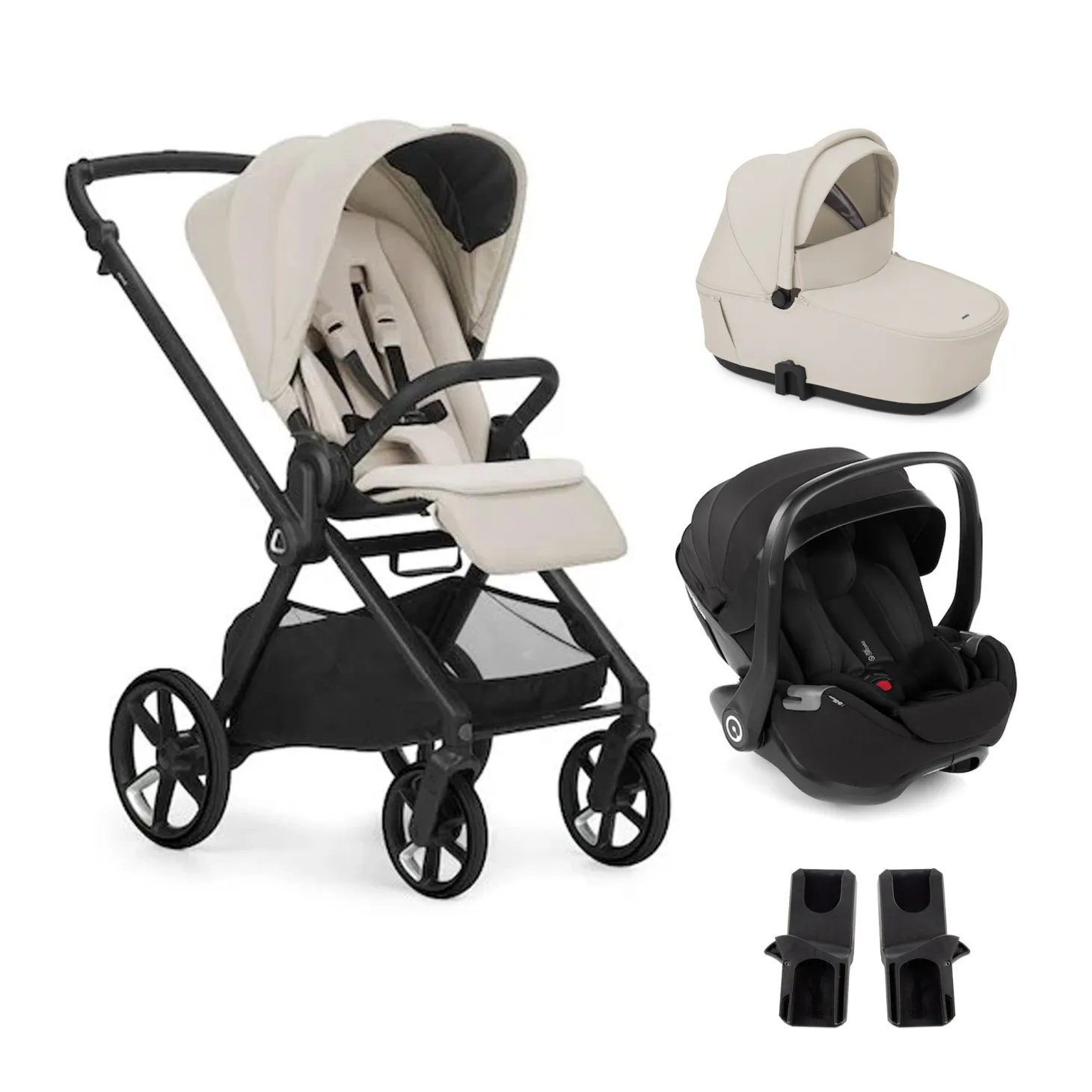 Pack trio Poussette Mumm 5 Sand-li + nacelle sleep + coque allongeable Kombibaby Matt Black + adaptateur de Jané