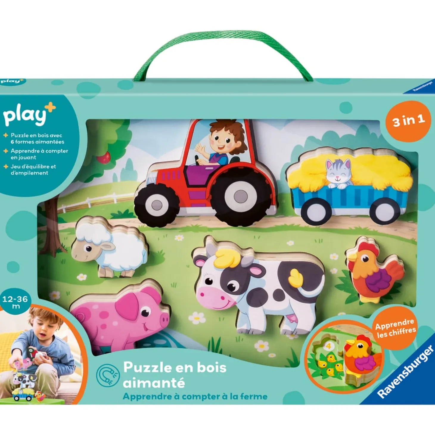 Play+ Puzzle bois aimanté - Compter à la ferme Multicolore